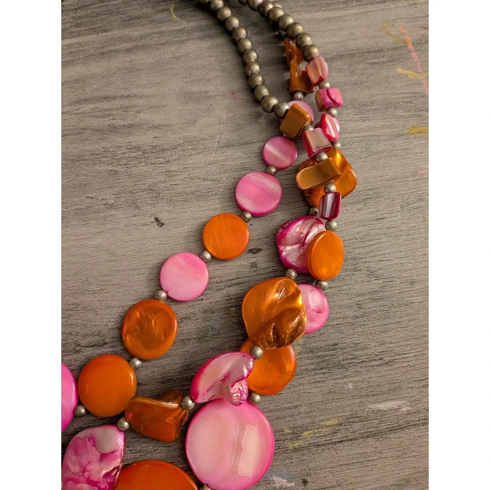 Pink Orange Shell Disc Multi Strand Statement Necklace Silver Tone Rhinestone